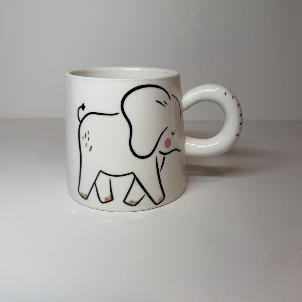 World Market Illustrated Elephant Trunk-Up Handle Coffee Tea Mug  White Black